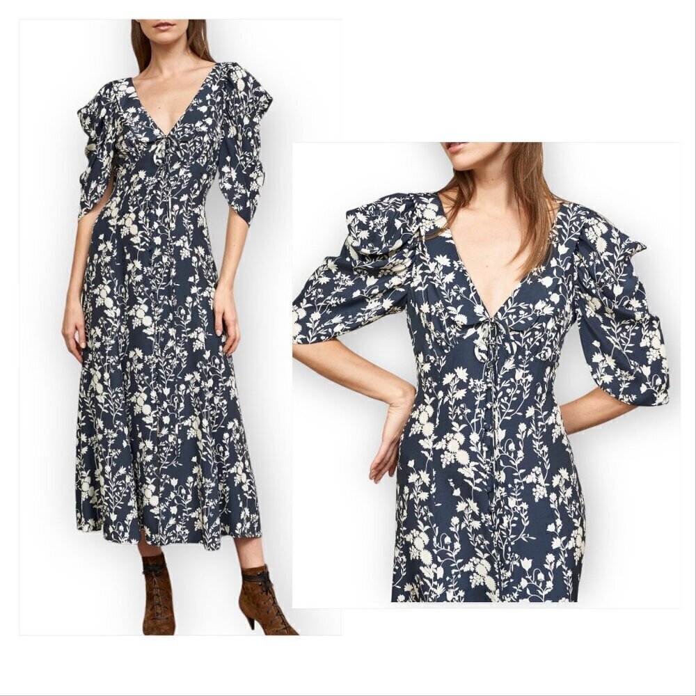 La Ligne Midi Dress, Flora dress, Silk, Size 0, Blue/Cream, New with tag